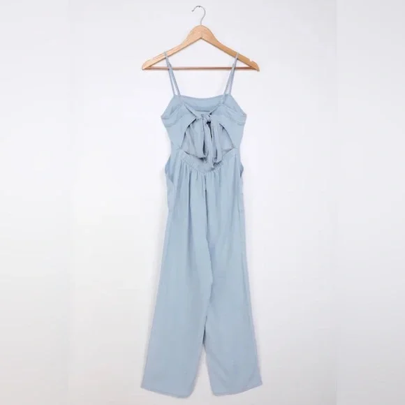 Lulus Simply Darling Light Blue Chambray Tie-Back Cutout Jumpsuit. XL. - Picture 6 of 7